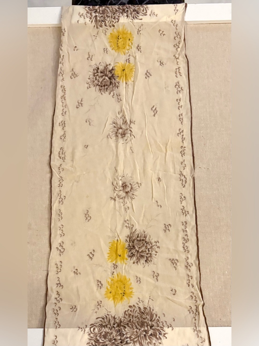 Vintage Floral Silk Scarf with Yellow & Brown Blooms